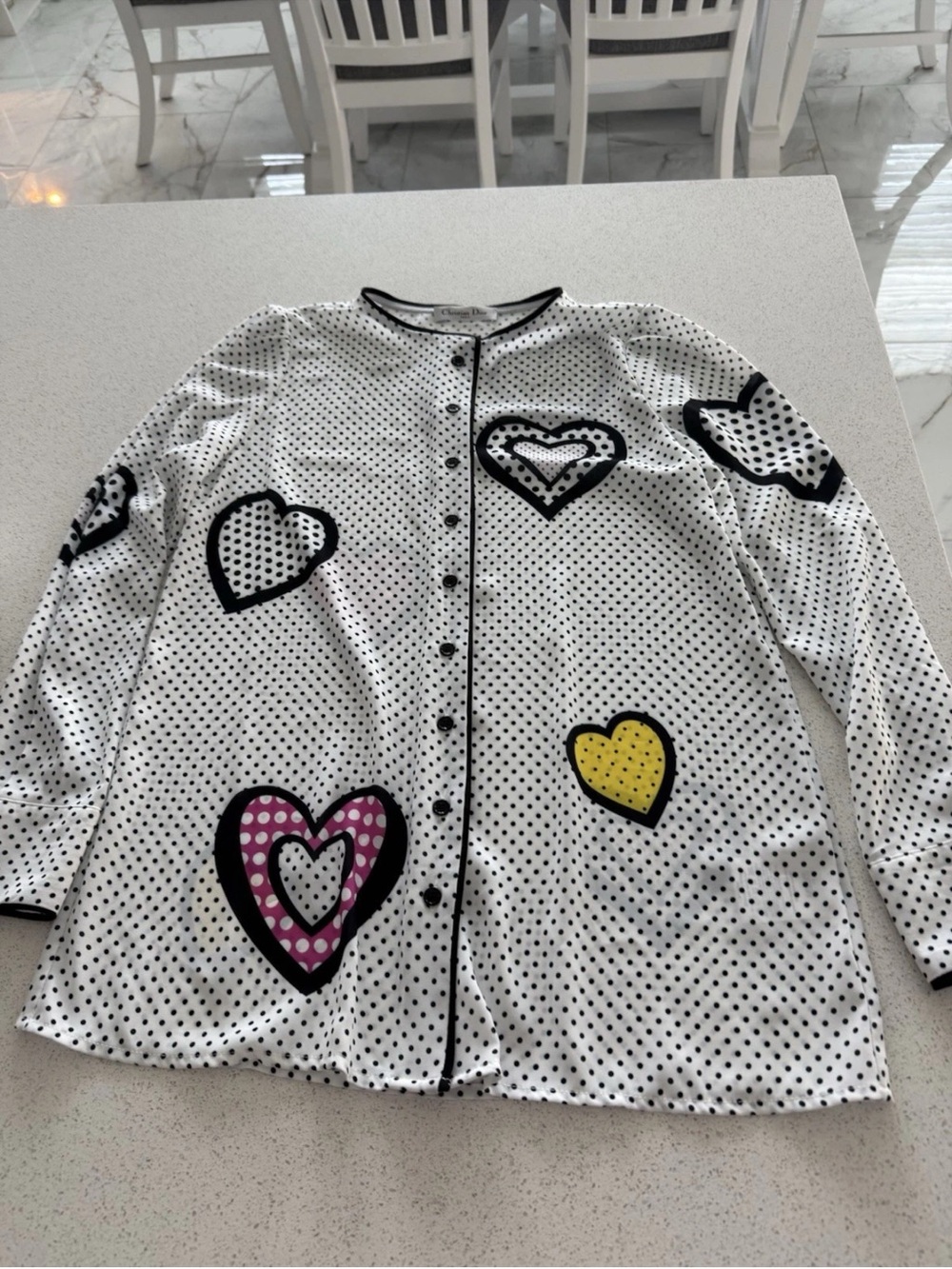 Christian Dior white silk shirt with polka dot and heart print. Size L